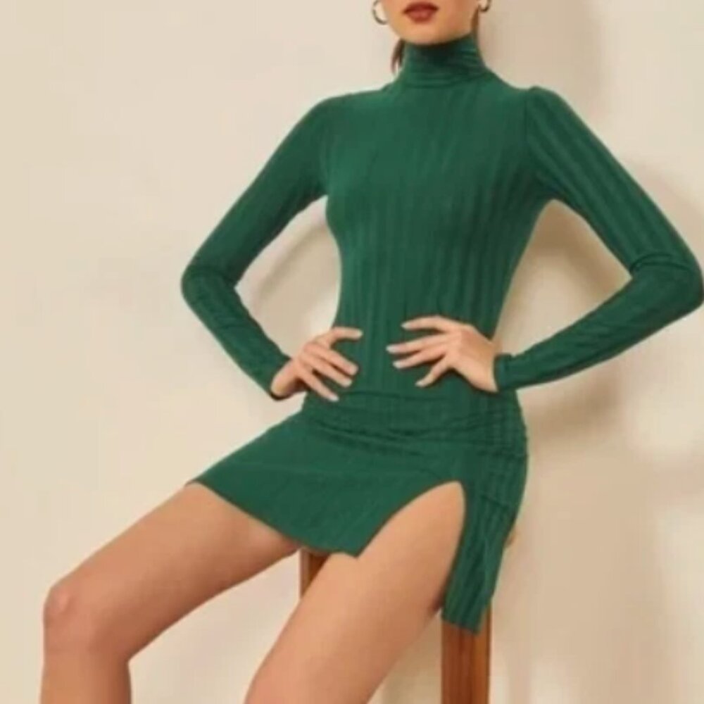 Reformation Libra Dress - Emerald Green XS, Ribbed Mock Neck